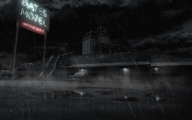 Creepy haunted motel by night with rain, neon sign and parked car. 3D illustration