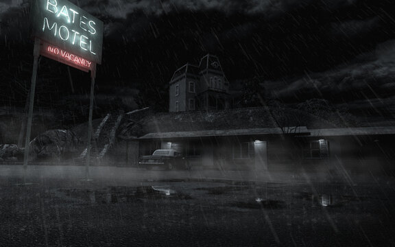 Creepy Haunted Motel By Night With Rain, Neon Sign And Parked Car. 3D Illustration