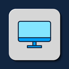 Filled outline Computer monitor screen icon isolated on blue background. Electronic device. Front view. Vector