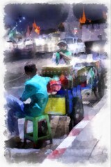 street vendors at night in the city watercolor style illustration impressionist painting.