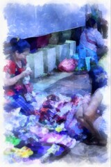 street vendors at night in the city watercolor style illustration impressionist painting.