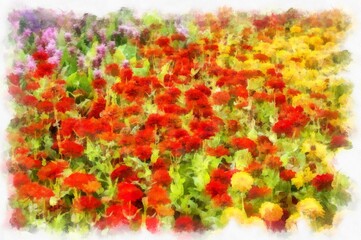 flower field watercolor style illustration impressionist painting.