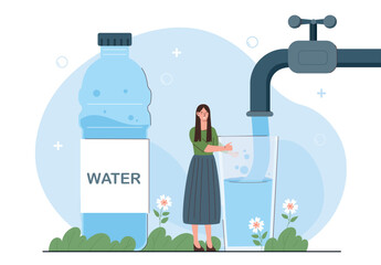 Woman with clean water. Young girl fills glass from tap. Thirst and hydration. Health care, active lifestyle, sport and fitness. Poster or banner for website. Cartoon flat vector illustration