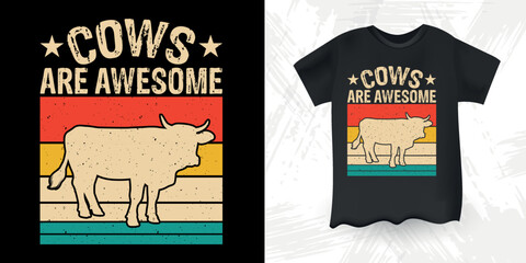 Cows Are Awesome Funny Cow Lover Retro Sunset Vintage American Flag Cow T-shirt Design