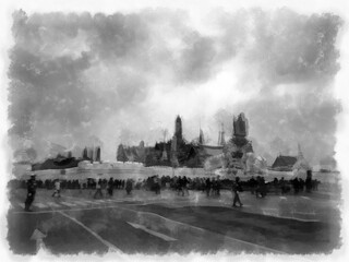 The landscape of Wat Phra Kaew the Grand Palace Bangkok watercolor style illustration impressionist painting.