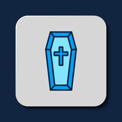 Filled outline Coffin with christian cross icon isolated on blue background. Happy Halloween party. Vector