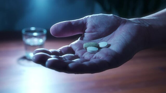 暗い部屋で薬を飲む男性