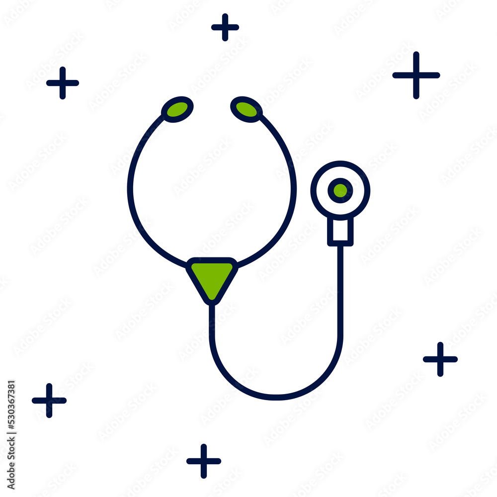 Sticker filled outline stethoscope medical instrument icon isolated on white background. vector