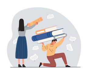 Unfair load distribution. Woman loading man with stack of books. Inequality and non observance of rights, incorrect duties and responsibilities. Overloaded character. Cartoon flat vector illustration
