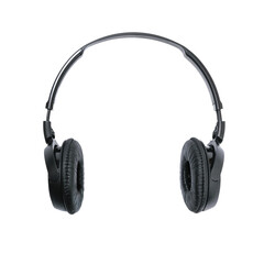 Modern black wireless headphones isolated on a transparent background.