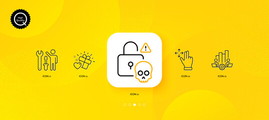 Fototapeta na wymiar Repairman, Cyber attack and Teamwork chart minimal line icons. Yellow abstract background. Love gift, Move gesture icons. For web, application, printing. Vector