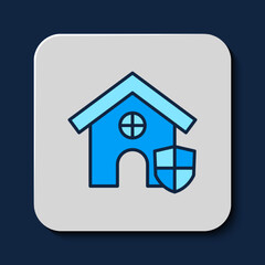 Filled outline House with shield icon isolated on blue background. Insurance concept. Security, safety, protection, protect concept. Vector