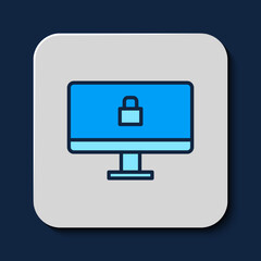 Filled outline Lock on computer monitor screen icon isolated on blue background. Security, safety, protection concept. Safe internetwork. Vector