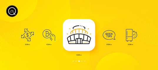 Fototapeta na wymiar Refrigerator timer, Quickstart guide and Payment exchange minimal line icons. Yellow abstract background. Arena stadium, Bitcoin pay icons. For web, application, printing. Vector