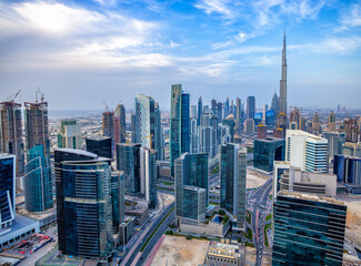 Aerial view Dubai city skyscrapers Burj Khalifa UAE