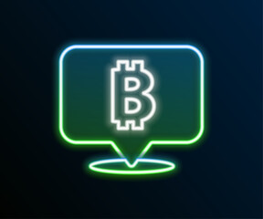 Glowing neon line Cryptocurrency coin Bitcoin icon isolated on black background. Physical bit coin. Blockchain based secure crypto currency. Colorful outline concept. Vector