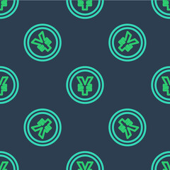 Line Chinese Yuan currency symbol icon isolated seamless pattern on blue background. Coin money. Banking currency sign. Cash symbol. Vector