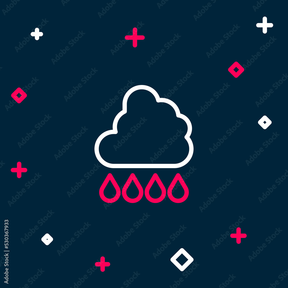 Wall mural Line Cloud with rain icon isolated on blue background. Rain cloud precipitation with rain drops. Colorful outline concept. Vector