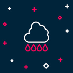 Line Cloud with rain icon isolated on blue background. Rain cloud precipitation with rain drops. Colorful outline concept. Vector