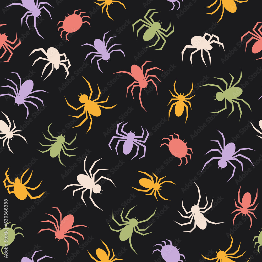 Poster Cute seamless pattern with colorful spiders on a black background. Simple vector print with spiders theme for halloween