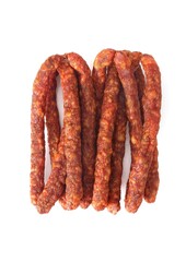 Traditional thin smoked, dry sausage, isolated. Polish meat sausage, kabanosy, a packshot photo for package design.