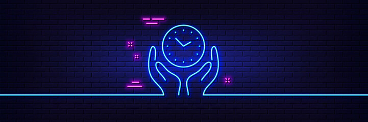Neon light glow effect. Safe time line icon. Clock sign. Hold watch symbol. 3d line neon glow icon. Brick wall banner. Safe time outline. Vector