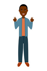 Stylish young black man showing two victory gestures, peace sign. Trendy person making victory, winner or two gesture with fingers. A sign of success and peace. Male character design illustration.