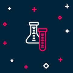 Line Test tube and flask chemical laboratory test icon isolated on blue background. Laboratory glassware sign. Colorful outline concept. Vector
