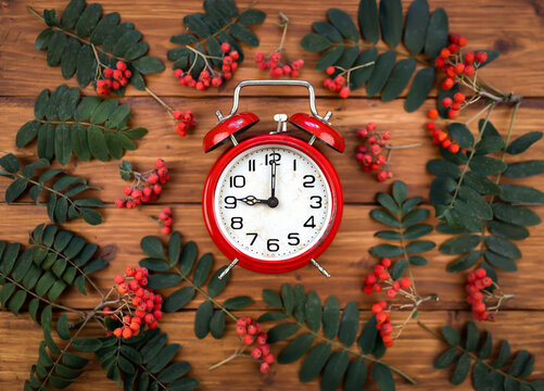 Red alarm clock with autumn berries and leaves. Daylight savings time.