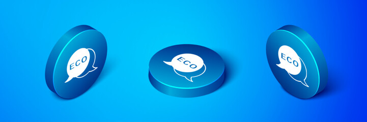 Isometric Banner, label, tag, logo for eco green healthy food icon isolated on blue background. Organic product. Healthy food sticker. Blue circle button. Vector