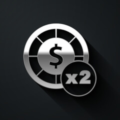 Silver Casino chips icon isolated on black background. Casino gambling. Long shadow style. Vector