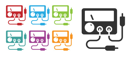 Black Ampere meter, multimeter, voltmeter icon isolated on white background. Instruments for measurement of electric current. Set icons colorful. Vector