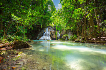 beautiful waterfall in the forest,Erawan Waterfall in Thailand