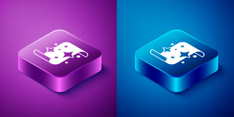 Isometric Magic scroll icon isolated on blue and purple background. Decree, paper, parchment, scroll icon. Square button. Vector