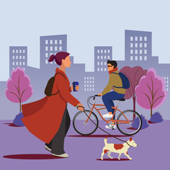 People in the autumn city with the city panorama on the background vector illustration