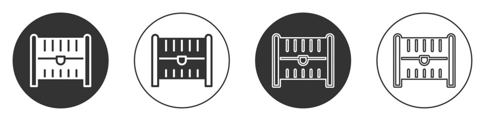 Black Antique treasure chest icon isolated on white background. Vintage wooden chest with golden coin. Circle button. Vector