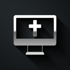 Silver Christian cross on monitor icon isolated on black background. Church cross. Long shadow style. Vector