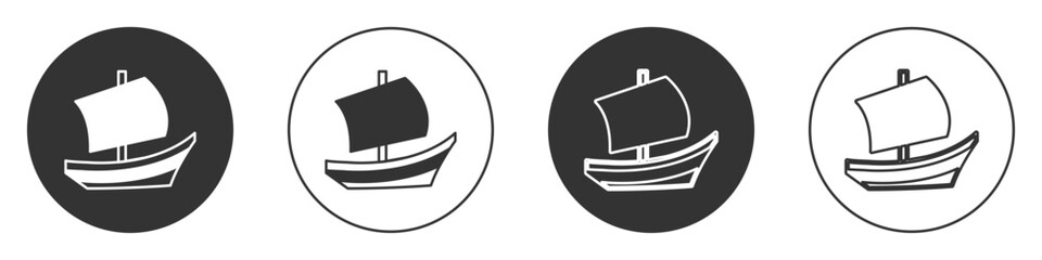 Black Egyptian ship icon isolated on white background. Egyptian papyrus boat. Circle button. Vector