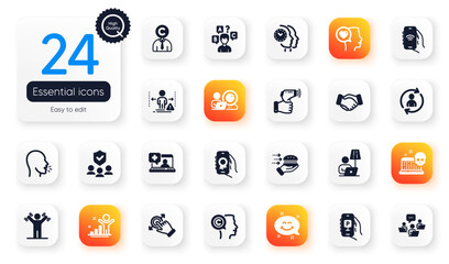 Set of People flat icons. Video conference, Smile chat and Award app elements for web application. Writer, Floor lamp, Teamwork icons. Winner, Food delivery, Touchscreen gesture elements. Vector