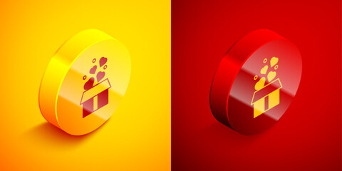 Isometric Gift box with hearts icon isolated on orange and red background. Valentines day. Circle button. Vector