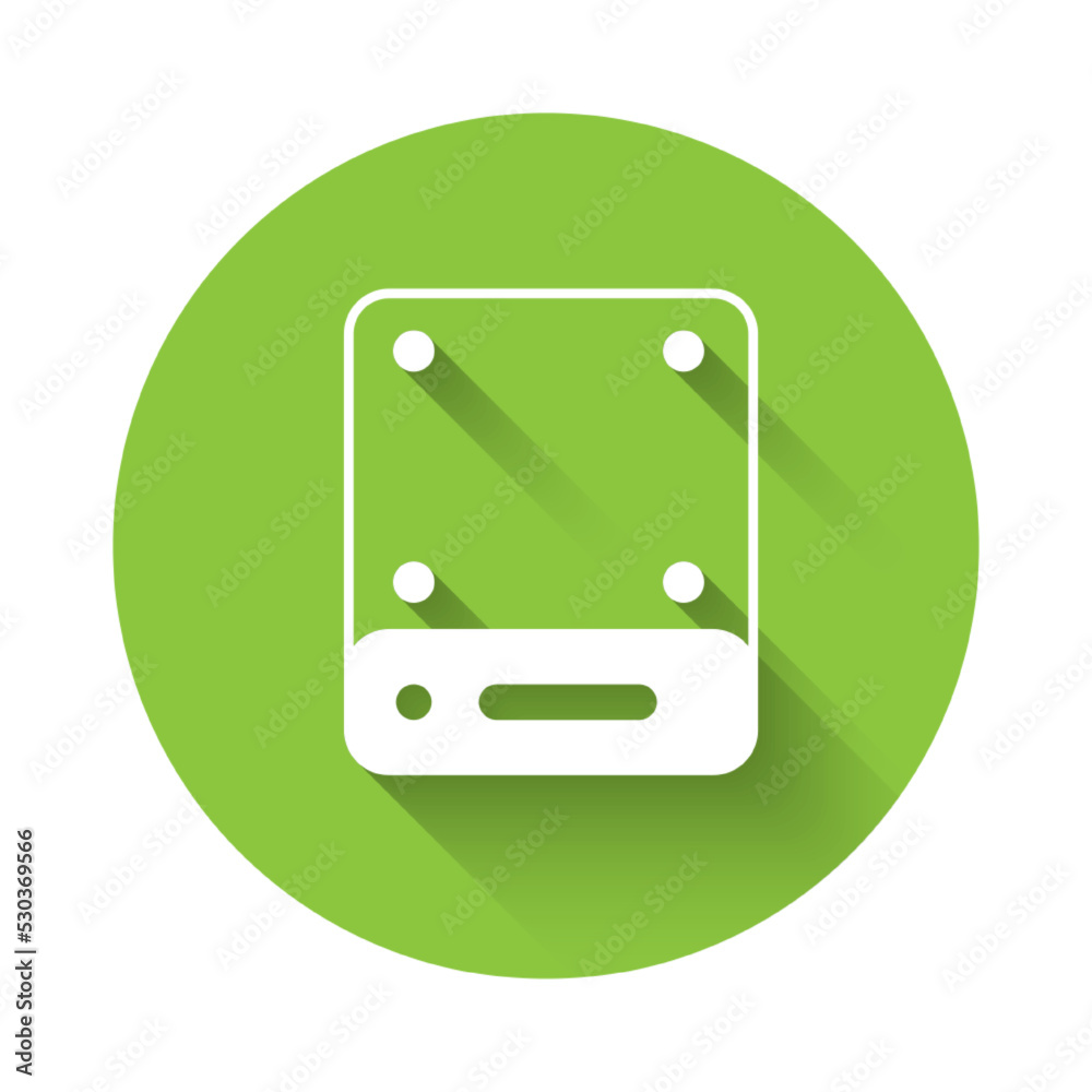 Poster White Server, Data, Web Hosting icon isolated with long shadow background. Green circle button. Vector