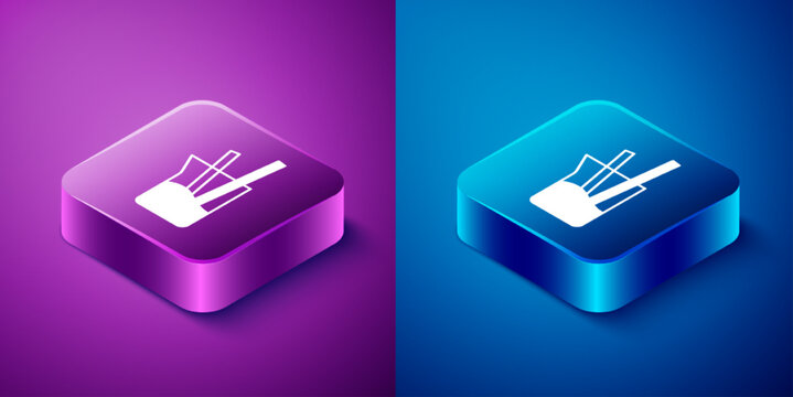 Isometric Laboratory glassware or beaker icon isolated on blue and purple background. Square button. Vector