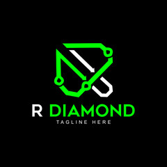 R Diamond Shape Logo Template - Technology R logo - Circuit R logo 