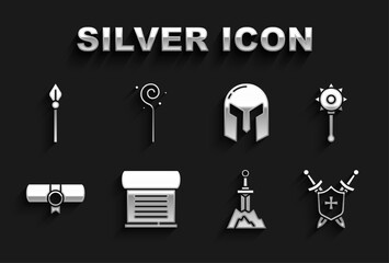 Set Decree, parchment, scroll, Medieval chained mace ball, shield with swords, Sword the stone, iron helmet, spear and Magic staff icon. Vector