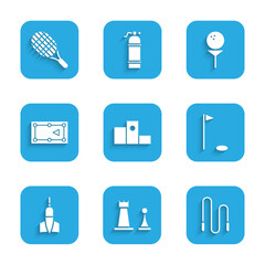 Set Award over sports winner podium, Chess, Jump rope, Golf flag, Dart arrow, Billiard table, ball on tee and Tennis racket icon. Vector