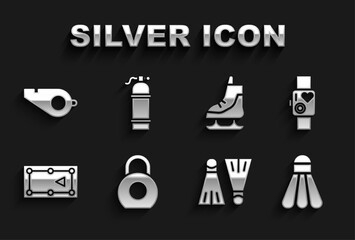 Set Kettlebell, Smart watch showing heart beat rate, Badminton shuttlecock, Rubber flippers for swimming, Billiard table, Skates, Whistle and Aqualung icon. Vector