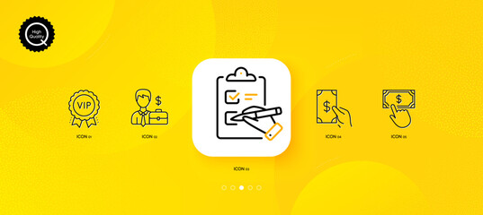 Fototapeta na wymiar Checklist, Businessman case and Payment click minimal line icons. Yellow abstract background. Vip award, Receive money icons. For web, application, printing. Vector