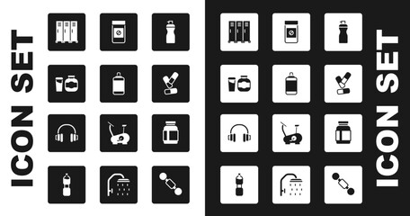 Set Fitness shaker, Punching bag, Sports nutrition, Locker changing room, Vitamin pill, Anabolic drugs, and Headphones icon. Vector