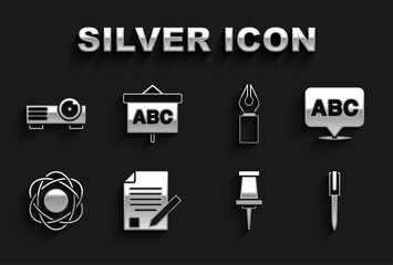 Set Exam sheet and pencil, Alphabet, Pen, Push pin, Atom, Fountain nib, Movie, film, media projector and Chalkboard icon. Vector