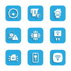 Set Processor with CPU, Smart key, Wi-Fi wireless internet network, electric plug, home, Ringing alarm bell, Mobile smart and Robot vacuum cleaner icon. Vector